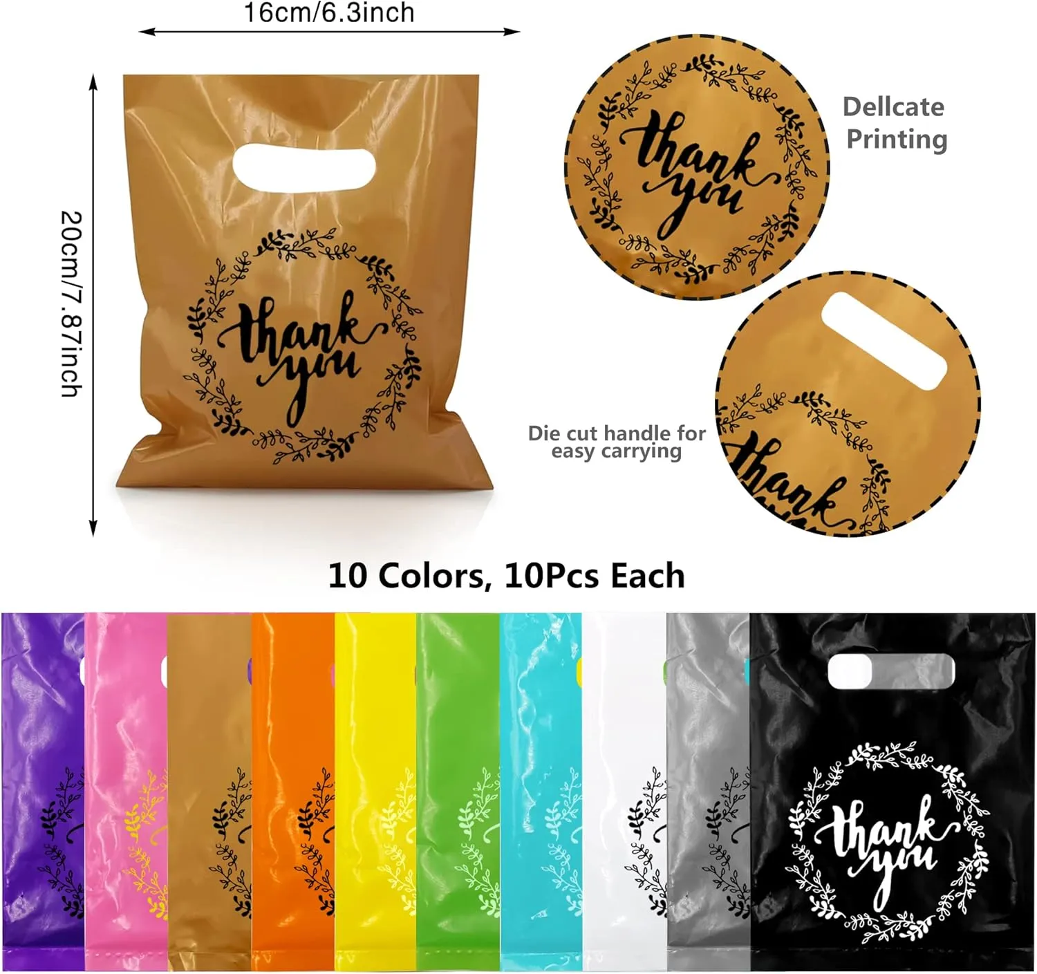 100 PCS 10 Colors Plastic Handle Bags - Party Gift & Favor Bags for Birthday, Baby Shower, Wedding - 7.87" x 6.3"