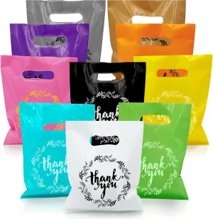 100 PCS 10 Colors Plastic Handle Bags - Party Gift & Favor Bags for Birthday, Baby Shower, Wedding - 7.87" x 6.3"