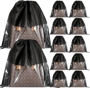 12 PCS Dustproof Drawstring Bags,Breathable Non-Woven Fabric Drawstring Dust Covers,Storage Bags Dust Bag for Handbags Shoes Purses,Black