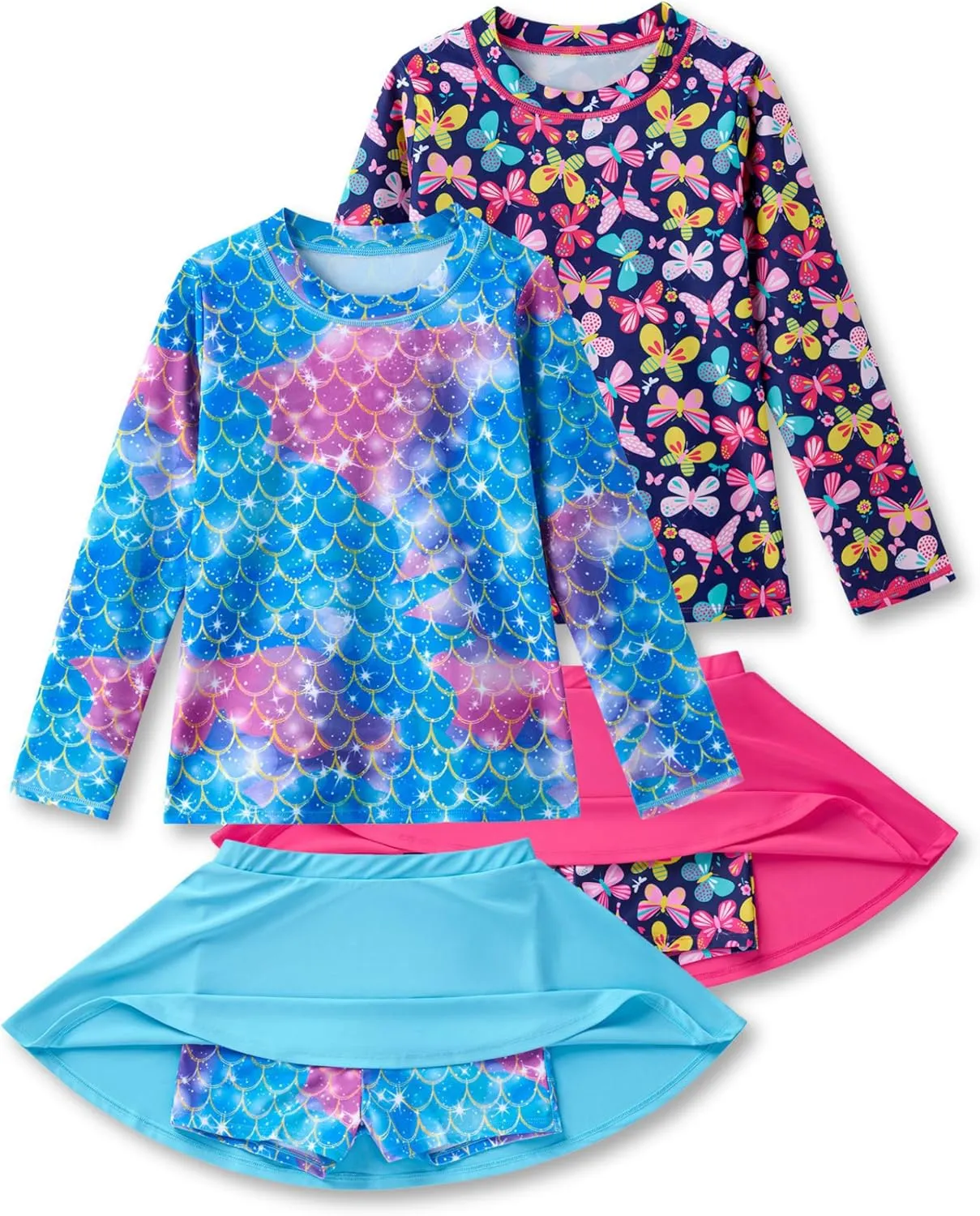 2 Pack: Girls Rash Guard Two Piece Bathing Suit Long Sleeve Swimsuit - Toddler Swimwear with Skirts Shorts 3T-12Y