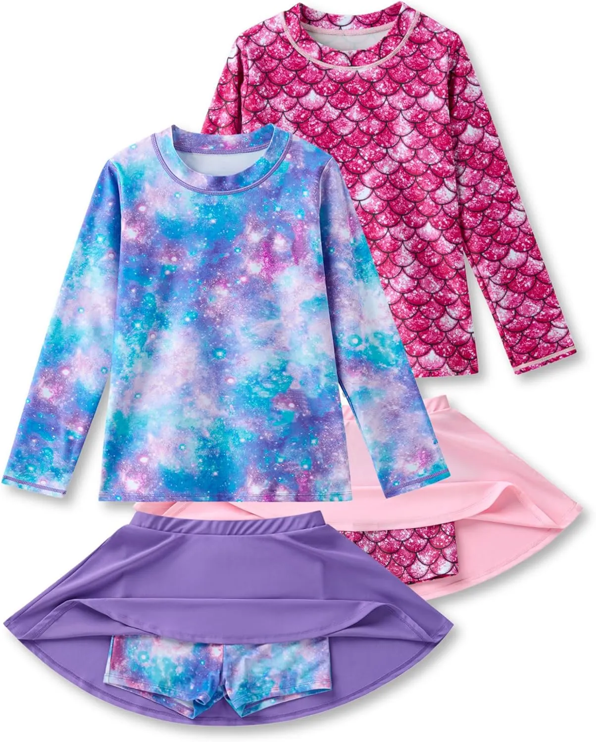 2 Pack: Girls Rash Guard Two Piece Bathing Suit Long Sleeve Swimsuit - Toddler Swimwear with Skirts Shorts 3T-12Y