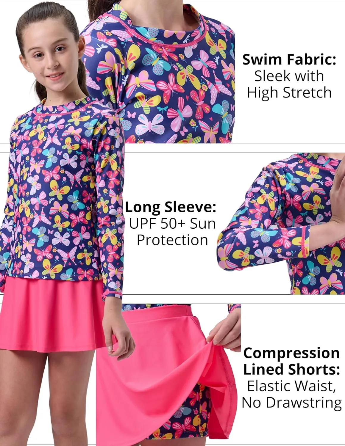 2 Pack: Girls Rash Guard Two Piece Bathing Suit Long Sleeve Swimsuit - Toddler Swimwear with Skirts Shorts 3T-12Y
