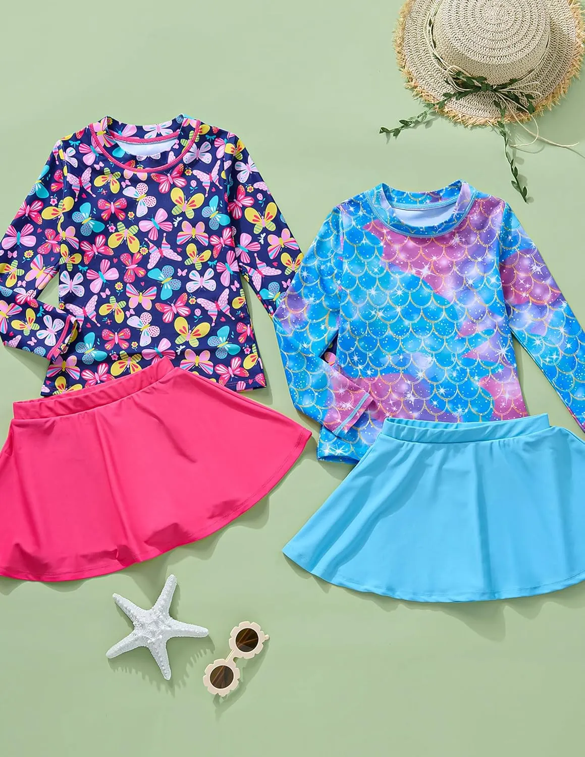 2 Pack: Girls Rash Guard Two Piece Bathing Suit Long Sleeve Swimsuit - Toddler Swimwear with Skirts Shorts 3T-12Y
