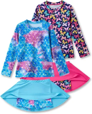 2 Pack: Girls Rash Guard Two Piece Bathing Suit Long Sleeve Swimsuit - Toddler Swimwear with Skirts Shorts 3T-12Y