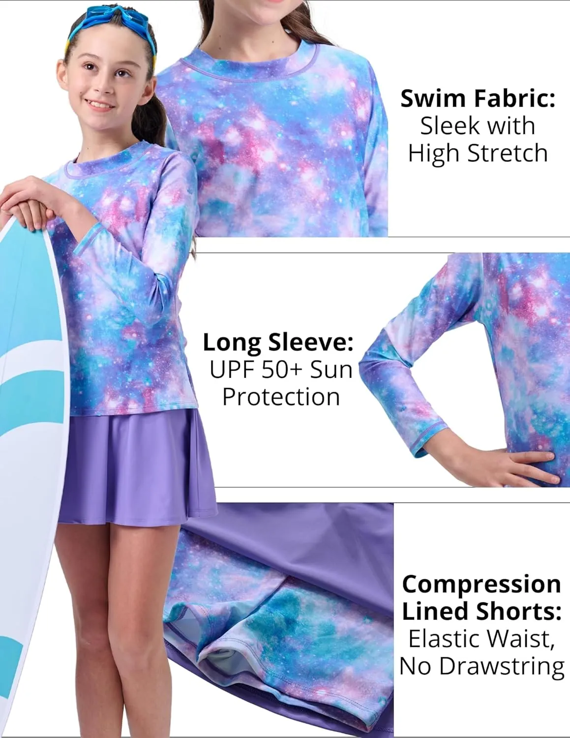 2 Pack: Girls Rash Guard Two Piece Bathing Suit Long Sleeve Swimsuit - Toddler Swimwear with Skirts Shorts 3T-12Y