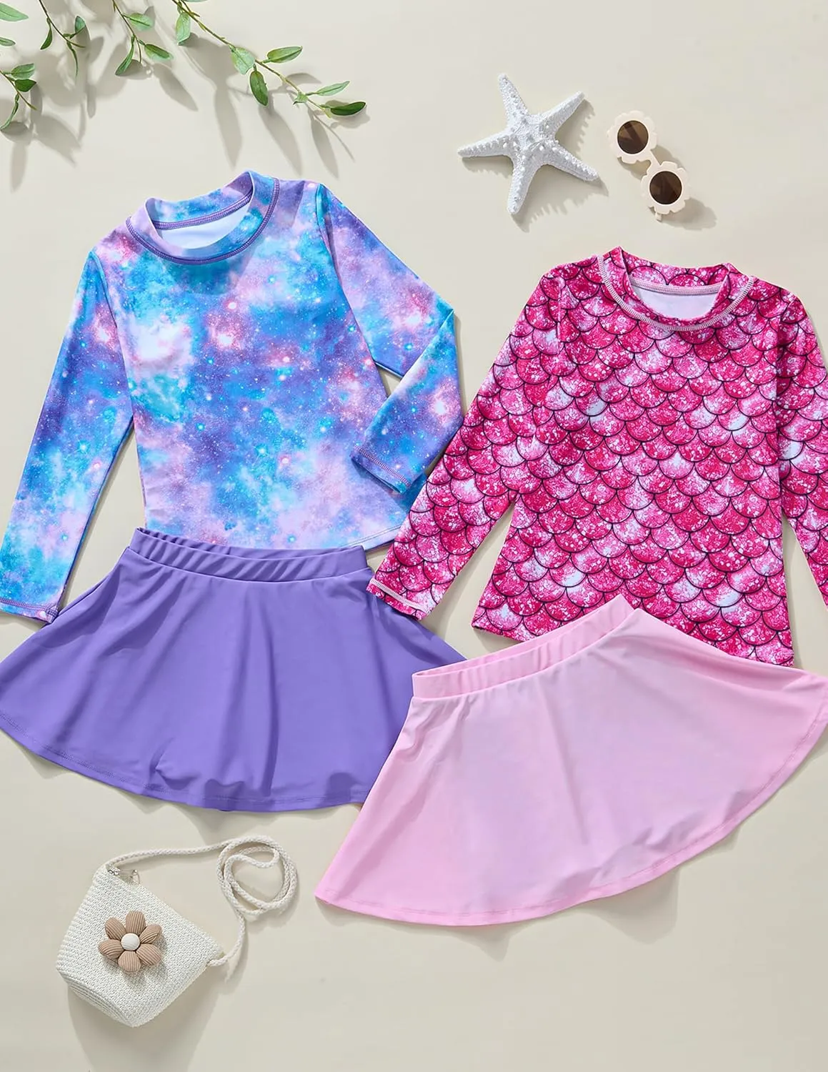 2 Pack: Girls Rash Guard Two Piece Bathing Suit Long Sleeve Swimsuit - Toddler Swimwear with Skirts Shorts 3T-12Y