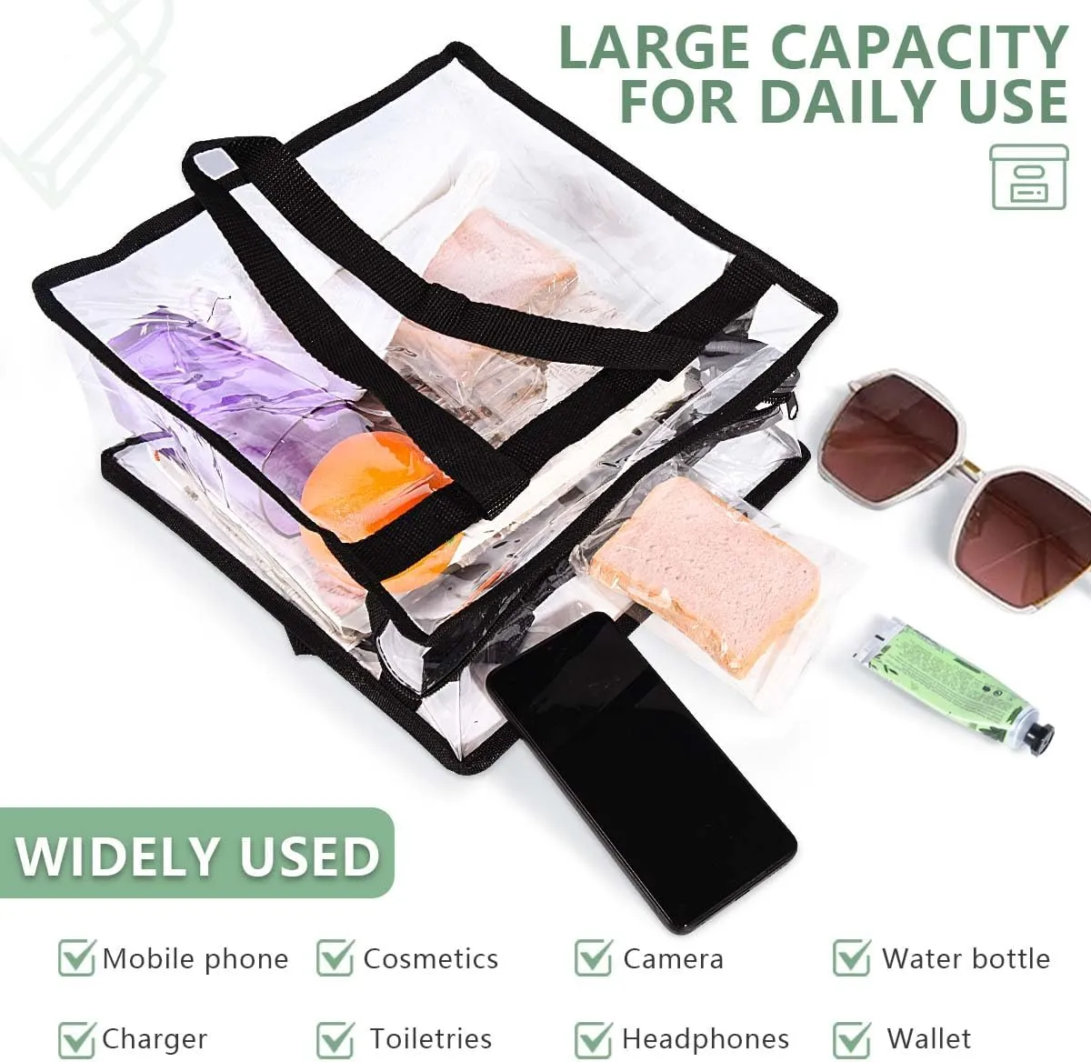 2 Pack Large Clear Stadium Approved Bags Plastic Tote Bags with Zippers and Handles for Concerts, Sporting Events, Gym