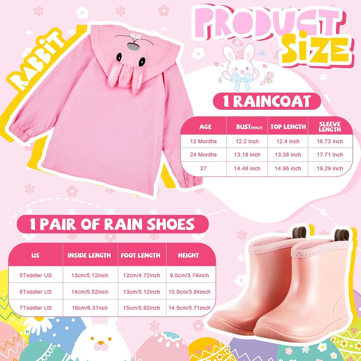 2 Pcs Toddler Raincoat Rain Boots Set Kids Baby Cartoon Hoodie Zipper Jacket Short Rain Shoes for Little Boys Girls
