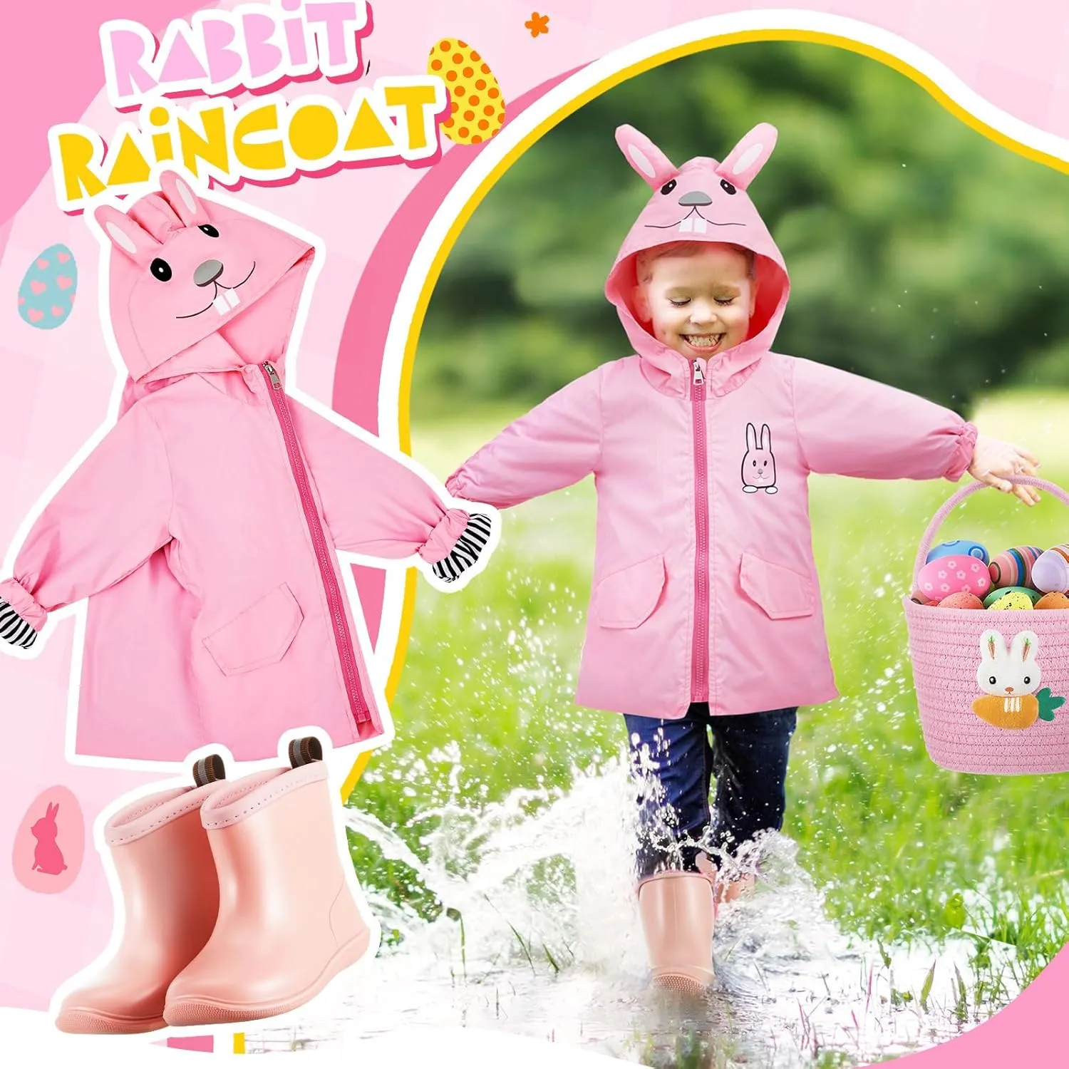 2 Pcs Toddler Raincoat Rain Boots Set Kids Baby Cartoon Hoodie Zipper Jacket Short Rain Shoes for Little Boys Girls