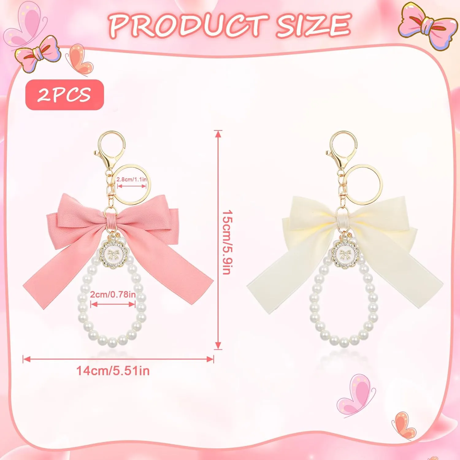 2Pcs Pink Bow Keychain, Pearl Bow Wristlet for Girls Women, Cute Pink Keychain Purse Accessories