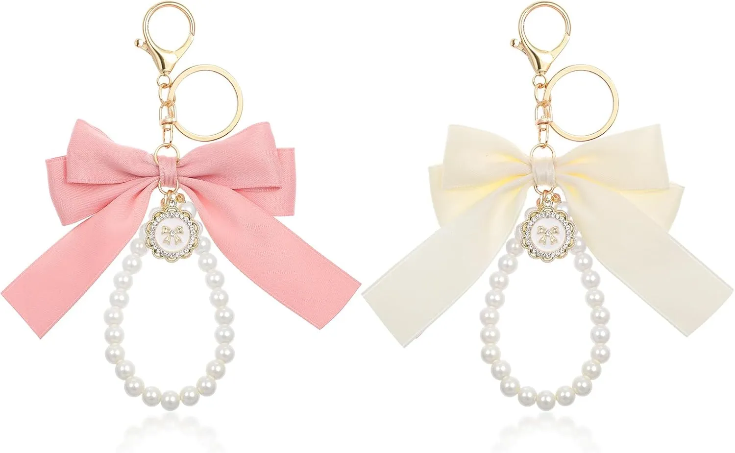 2Pcs Pink Bow Keychain, Pearl Bow Wristlet for Girls Women, Cute Pink Keychain Purse Accessories