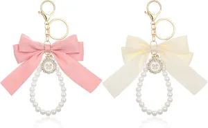 2Pcs Pink Bow Keychain, Pearl Bow Wristlet for Girls Women, Cute Pink Keychain Purse Accessories