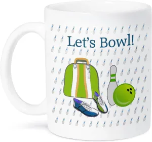 3dRose Coffee Mug, Size - 11oz - Lets Bowl, Bowling Ball, Pins, Shoes, and Bag, Green, Gold, Blue, Purple Sports Design - funny coffee cup gift