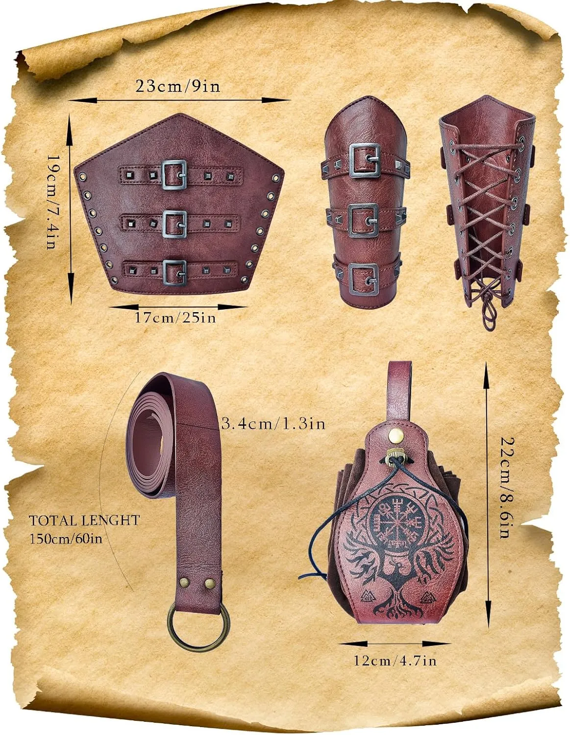 3PcsRenaissance Accessories Medieval Leather Bracers Viking Belt Multi Function Pouch for Costumes Halloween Cosplay Unisex
