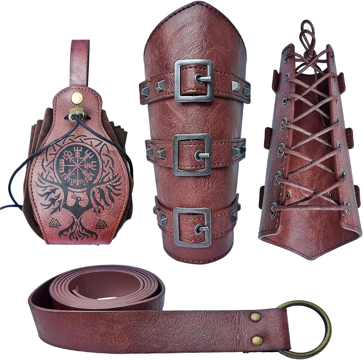 3PcsRenaissance Accessories Medieval Leather Bracers Viking Belt Multi Function Pouch for Costumes Halloween Cosplay Unisex