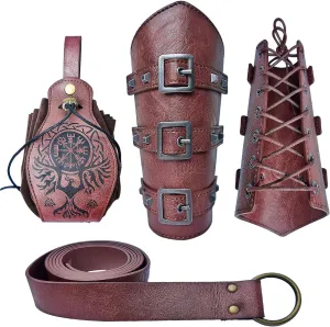 3PcsRenaissance Accessories Medieval Leather Bracers Viking Belt Multi Function Pouch for Costumes Halloween Cosplay Unisex