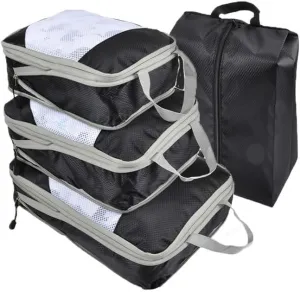 4 Piece Compression Packing Cube Set, Travel Storage Bag Portable Luggage Storage Box Set Expandable Packing Mesh Bag for Clothing Underwear Shoes (Black)