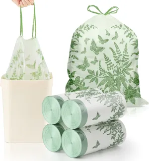 6-8 Gallon 100pcs Drawstring Trash Bags, Green Strong Trash Bags 8 Gallon with Cute Butterfly Printed, Mugwort Smelling Bathroom Garbage Bags, Suitable for Office, Bedroom Trash Cans