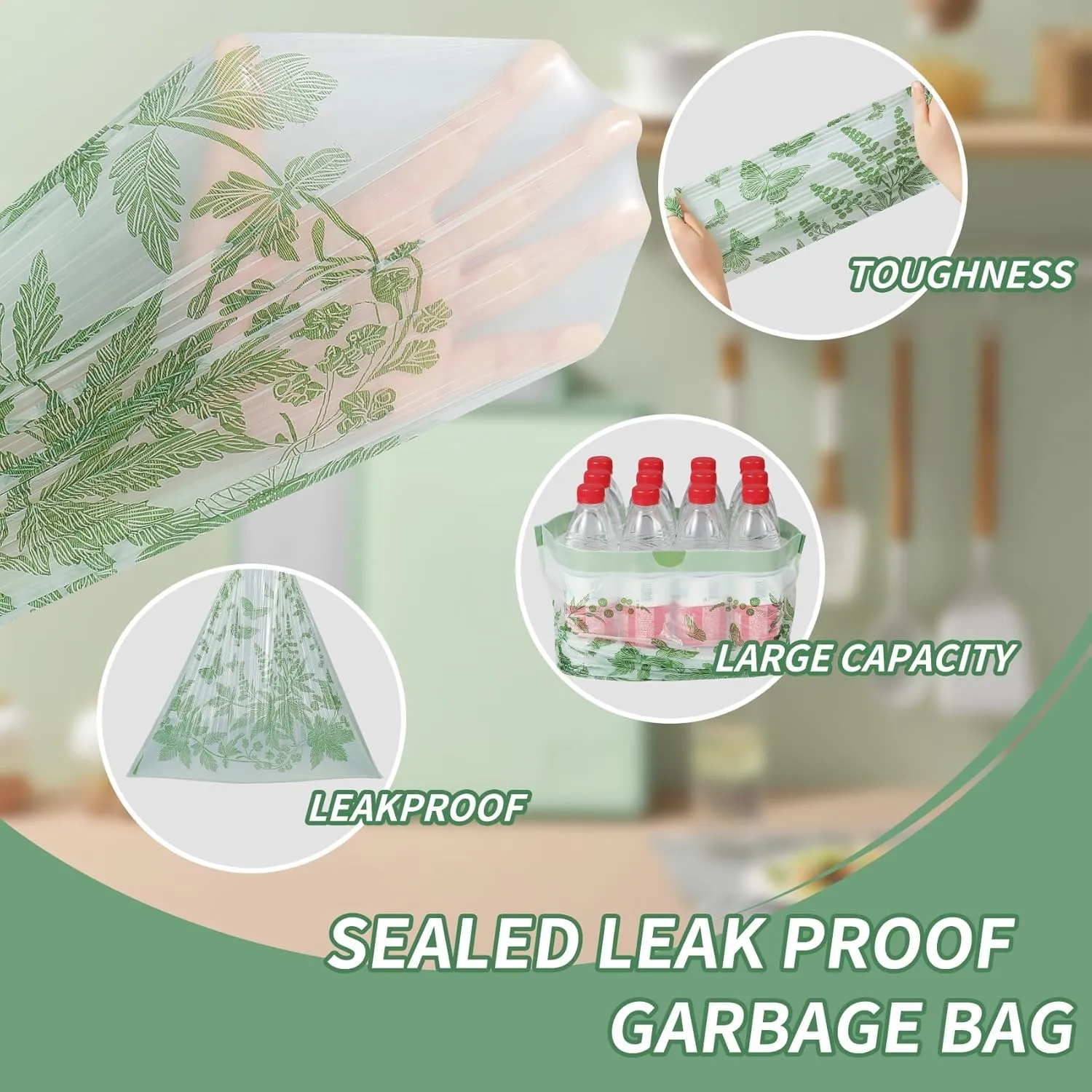 6-8 Gallon 100pcs Drawstring Trash Bags, Green Strong Trash Bags 8 Gallon with Cute Butterfly Printed, Mugwort Smelling Bathroom Garbage Bags, Suitable for Office, Bedroom Trash Cans