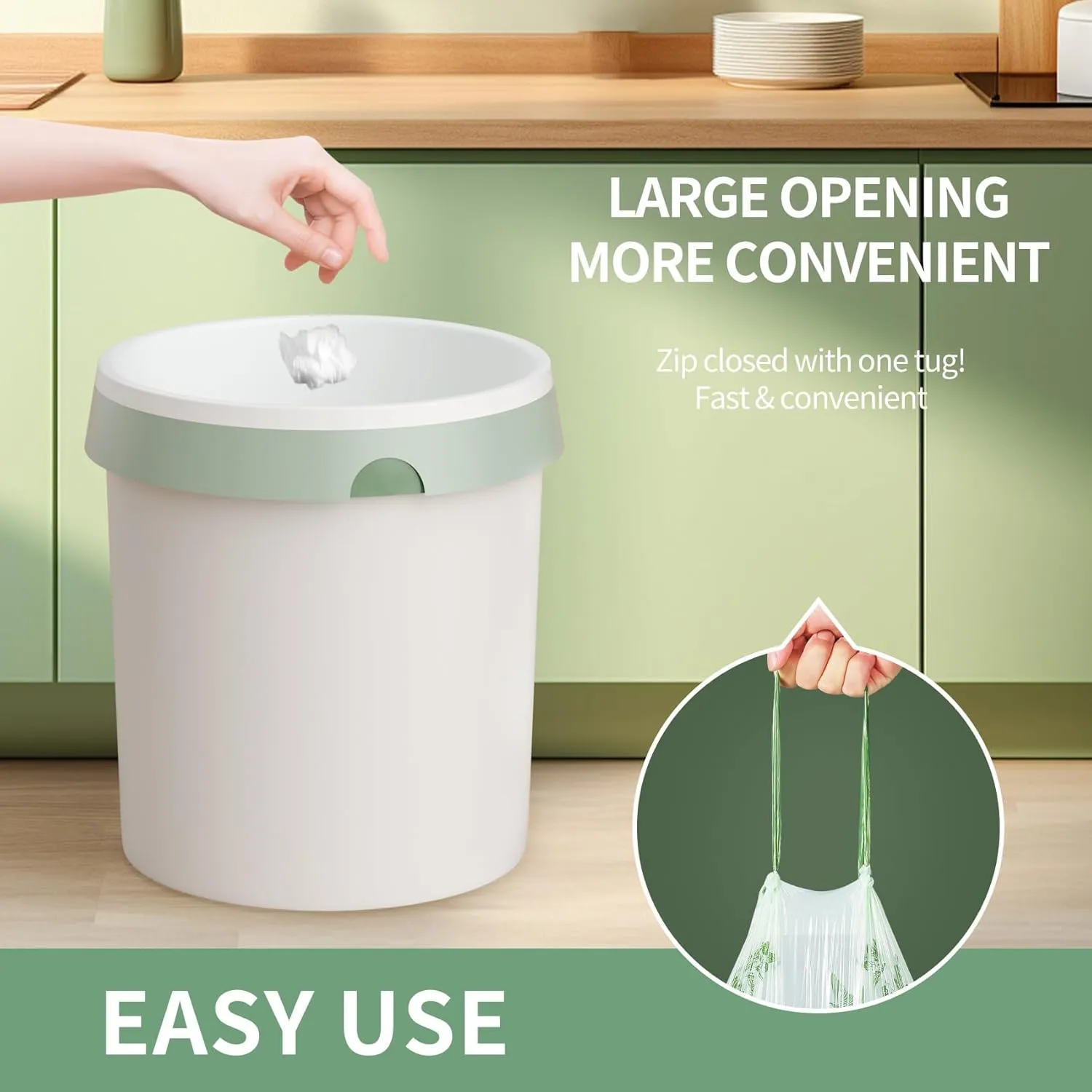 6-8 Gallon 100pcs Drawstring Trash Bags, Green Strong Trash Bags 8 Gallon with Cute Butterfly Printed, Mugwort Smelling Bathroom Garbage Bags, Suitable for Office, Bedroom Trash Cans