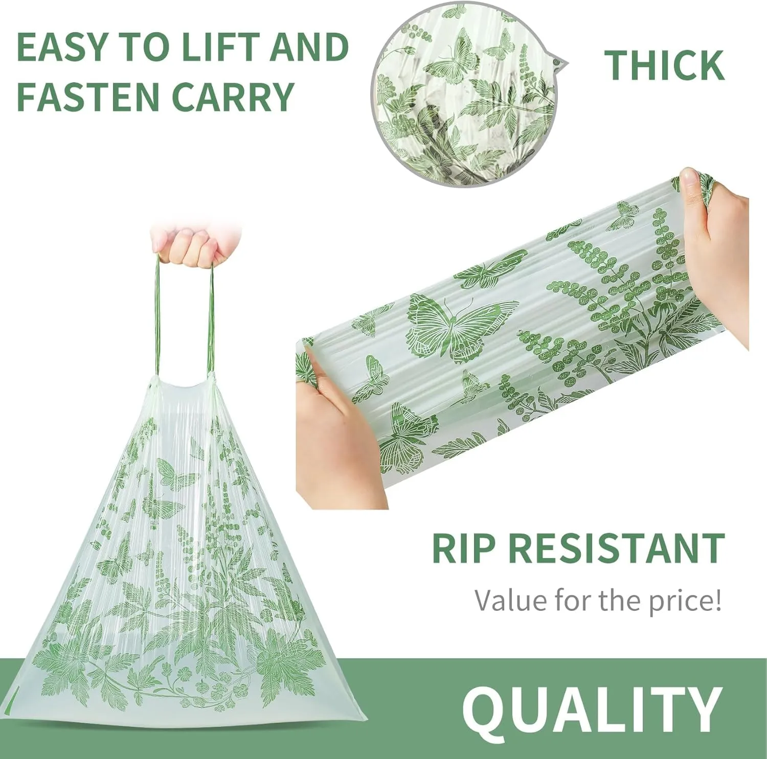 6-8 Gallon 100pcs Drawstring Trash Bags, Green Strong Trash Bags 8 Gallon with Cute Butterfly Printed, Mugwort Smelling Bathroom Garbage Bags, Suitable for Office, Bedroom Trash Cans