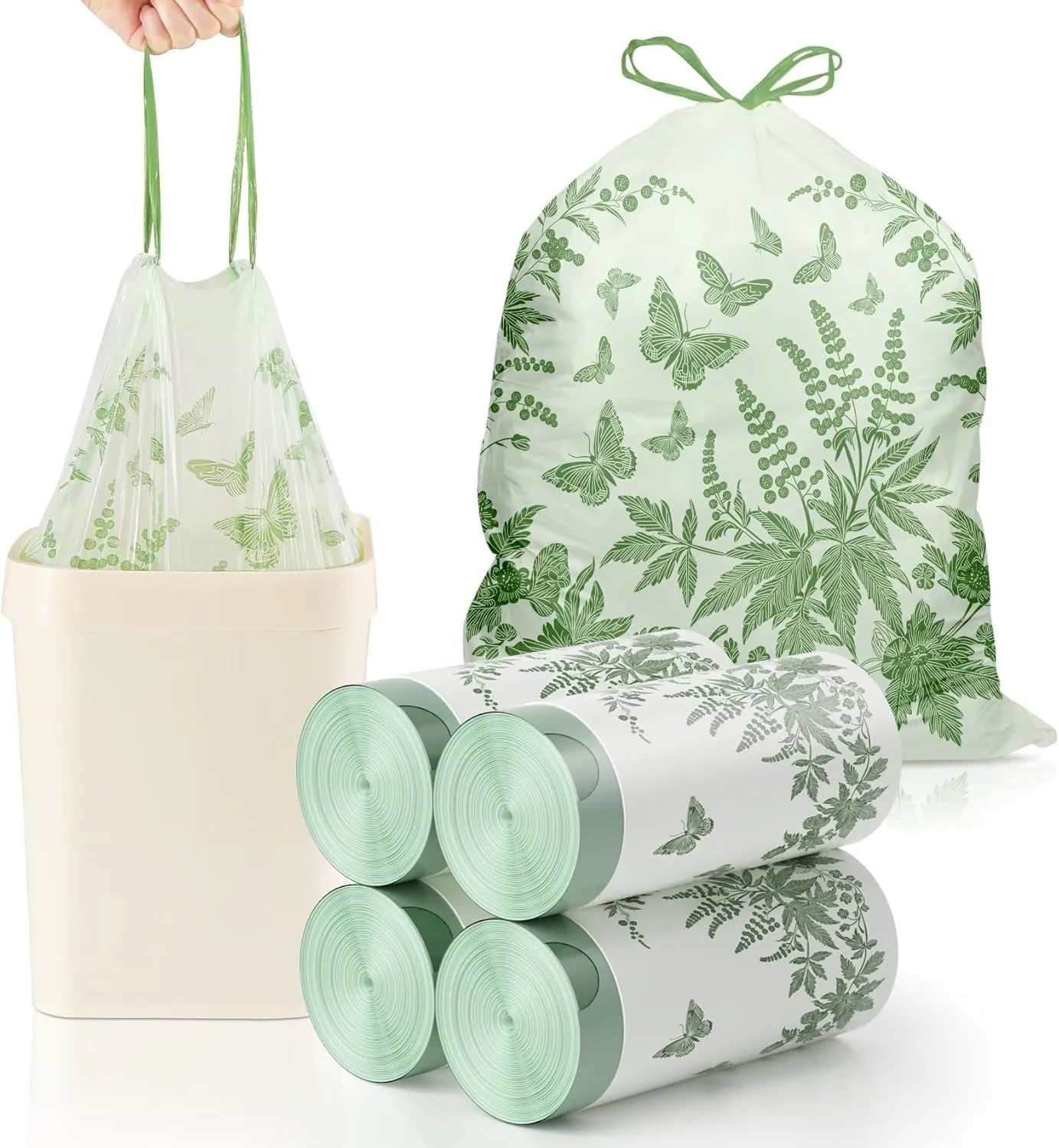 6-8 Gallon 100pcs Drawstring Trash Bags, Green Strong Trash Bags 8 Gallon with Cute Butterfly Printed, Mugwort Smelling Bathroom Garbage Bags, Suitable for Office, Bedroom Trash Cans