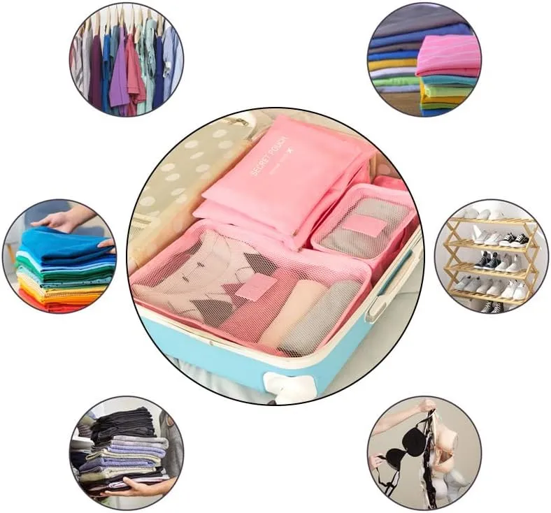 6pcs Travel Organizer Storage Bags Portable Travel Suitcases Organizer Travel Bag for Women Luggage Organizer Clothes Shoes Bag, Medium, Rose Red
