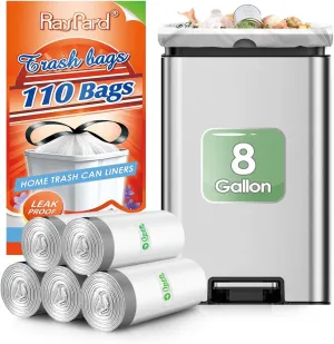 8 Gallon 110 Counts Strong Drawstring Trash Bags Garbage Bags by RayPard, Medium Trash Bags fit 30 Liter Trash Can for Home Office Kitchen Bathroom Bedroom, White Waste Basket Liners