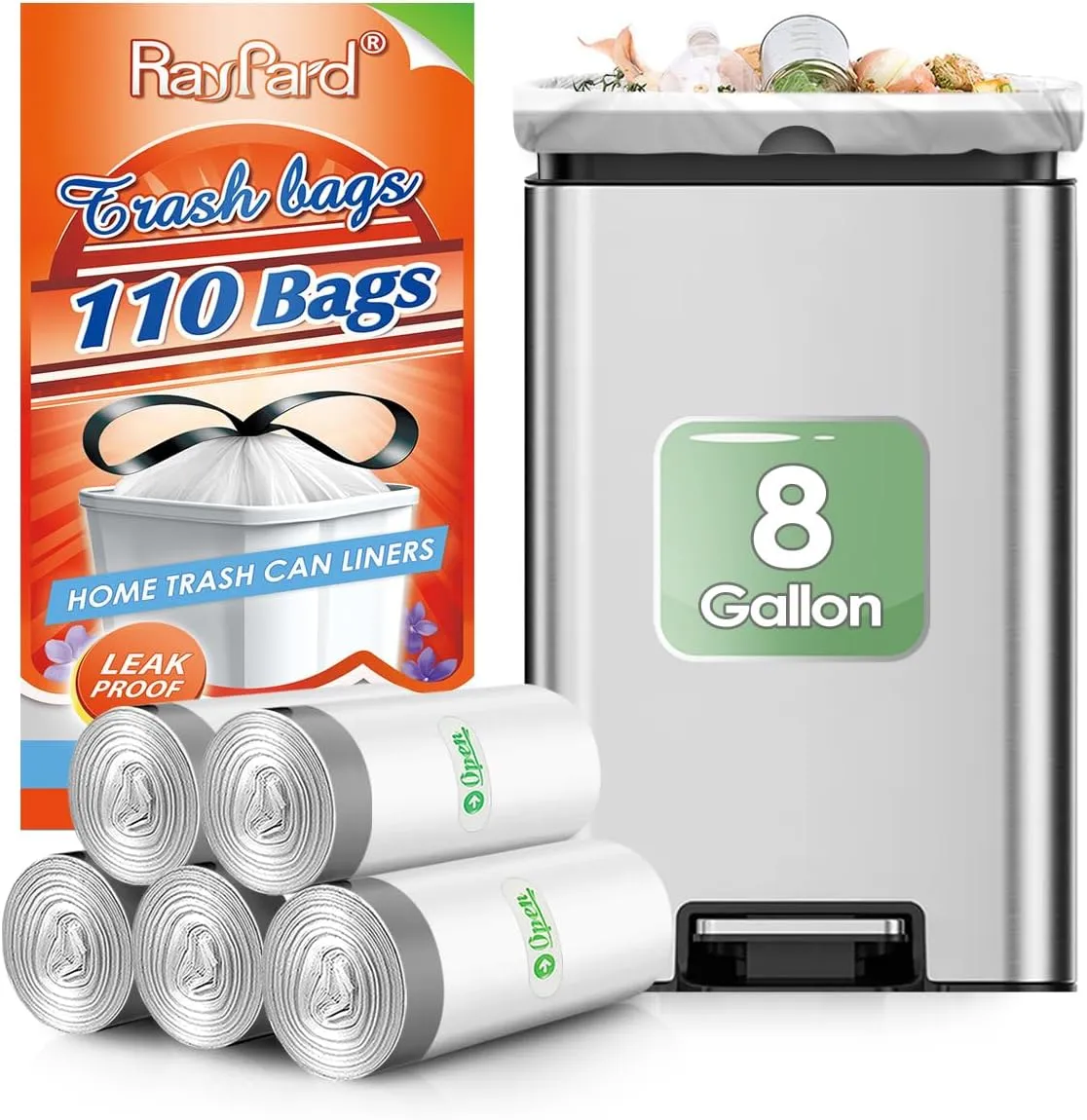 8 Gallon 110 Counts Strong Drawstring Trash Bags Garbage Bags by RayPard, Medium Trash Bags fit 30 Liter Trash Can for Home Office Kitchen Bathroom Bedroom, White Waste Basket Liners