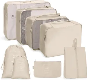 8PC Packing Cubes Travel Organizer Set with Shoe Bag  Compression Storage for Clothes & Accessories, Beige