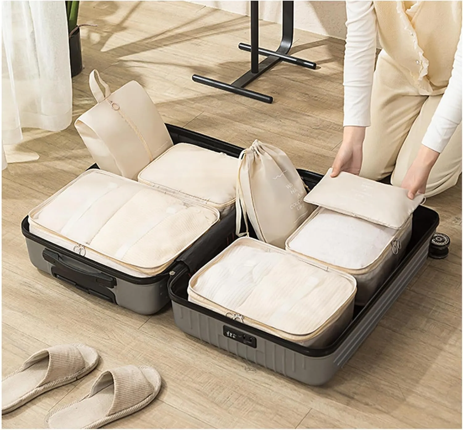 8PC Packing Cubes Travel Organizer Set with Shoe Bag  Compression Storage for Clothes & Accessories, Beige