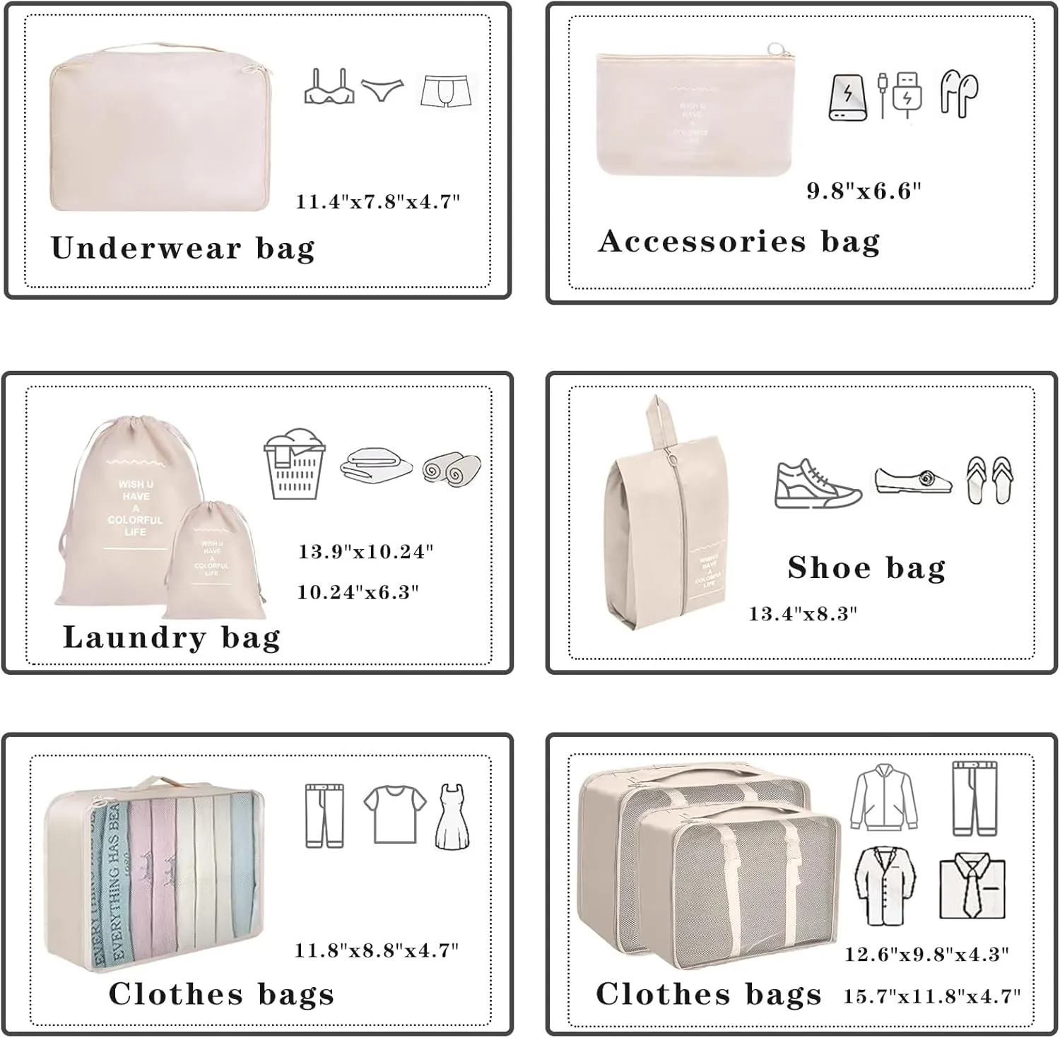 8PC Packing Cubes Travel Organizer Set with Shoe Bag  Compression Storage for Clothes & Accessories, Beige
