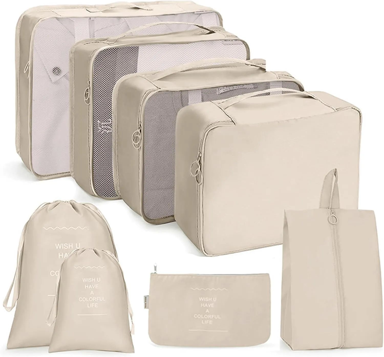 8PC Packing Cubes Travel Organizer Set with Shoe Bag  Compression Storage for Clothes & Accessories, Beige