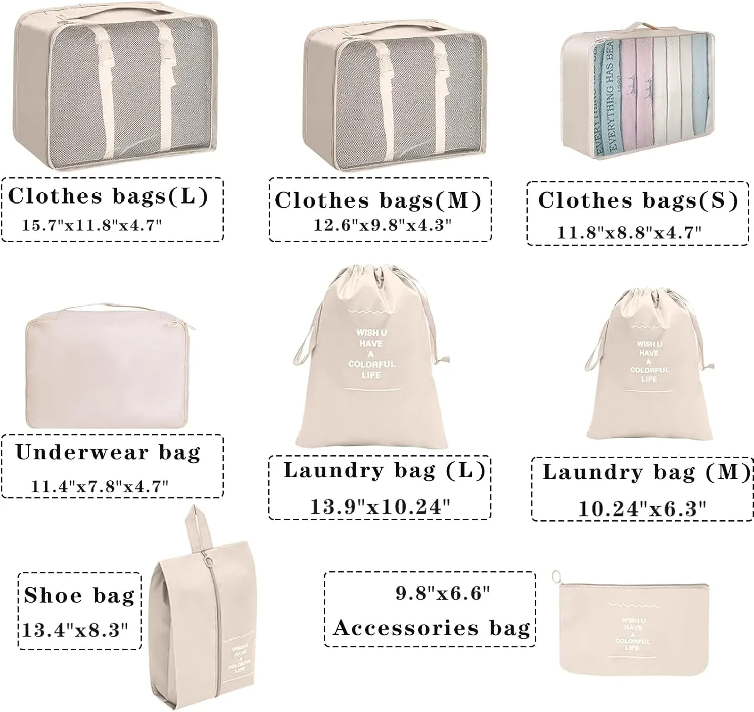 8PC Packing Cubes Travel Organizer Set with Shoe Bag  Compression Storage for Clothes & Accessories, Beige