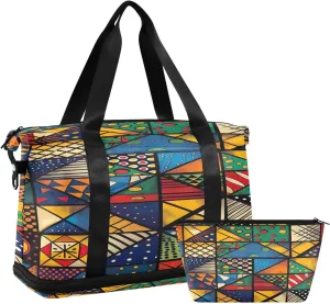 African Geometric Shapes Travel Tote Bags for Women Waterproof Karate Duffle Bag, Carry on Tote Bag with Wet Pocket and Shoes Compartment