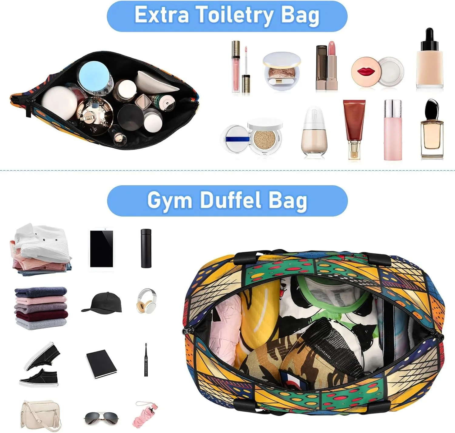 African Geometric Shapes Travel Tote Bags for Women Waterproof Karate Duffle Bag, Carry on Tote Bag with Wet Pocket and Shoes Compartment