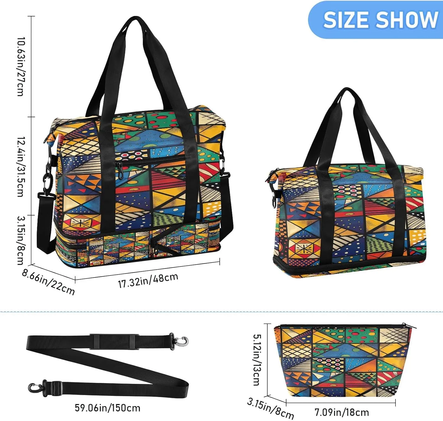African Geometric Shapes Travel Tote Bags for Women Waterproof Karate Duffle Bag, Carry on Tote Bag with Wet Pocket and Shoes Compartment