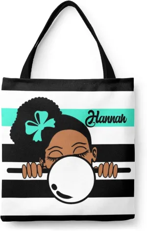 Afro Girl Striped Teal Canvas Tote Bag Aesthetic Reusable Grocery Shopping Bags Shoulder Bag Book Tote Gifts