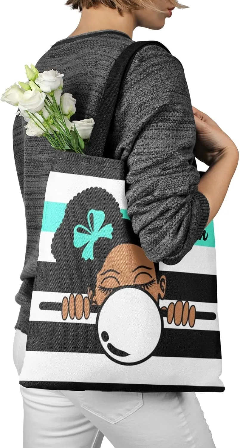 Afro Girl Striped Teal Canvas Tote Bag Aesthetic Reusable Grocery Shopping Bags Shoulder Bag Book Tote Gifts