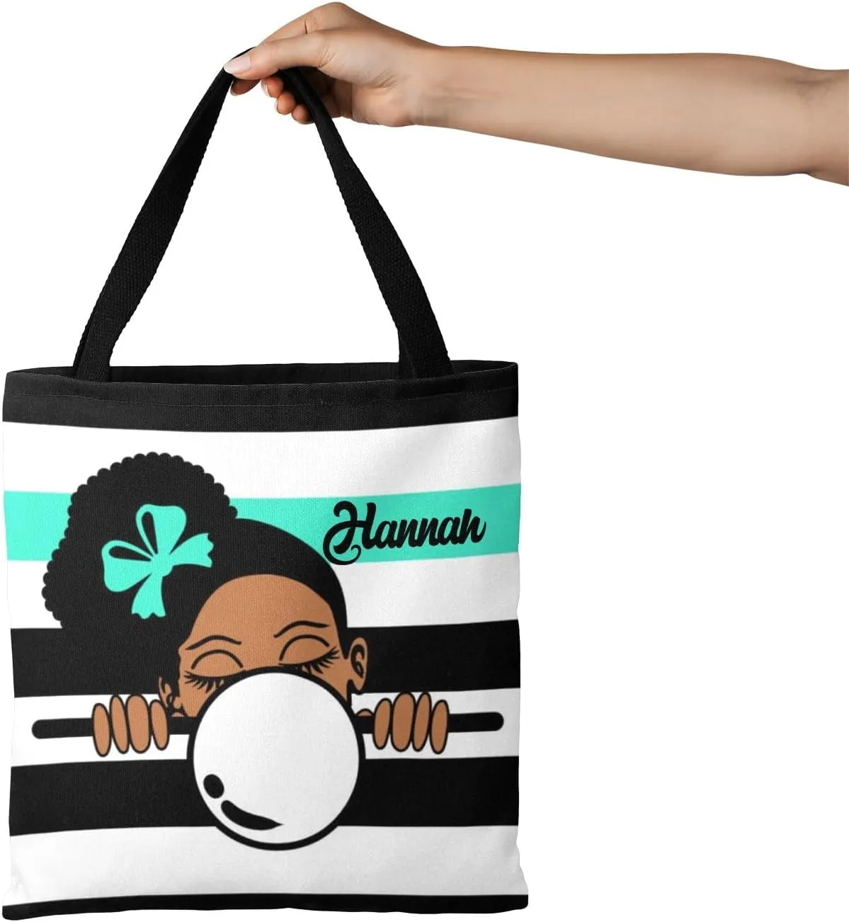 Afro Girl Striped Teal Canvas Tote Bag Aesthetic Reusable Grocery Shopping Bags Shoulder Bag Book Tote Gifts