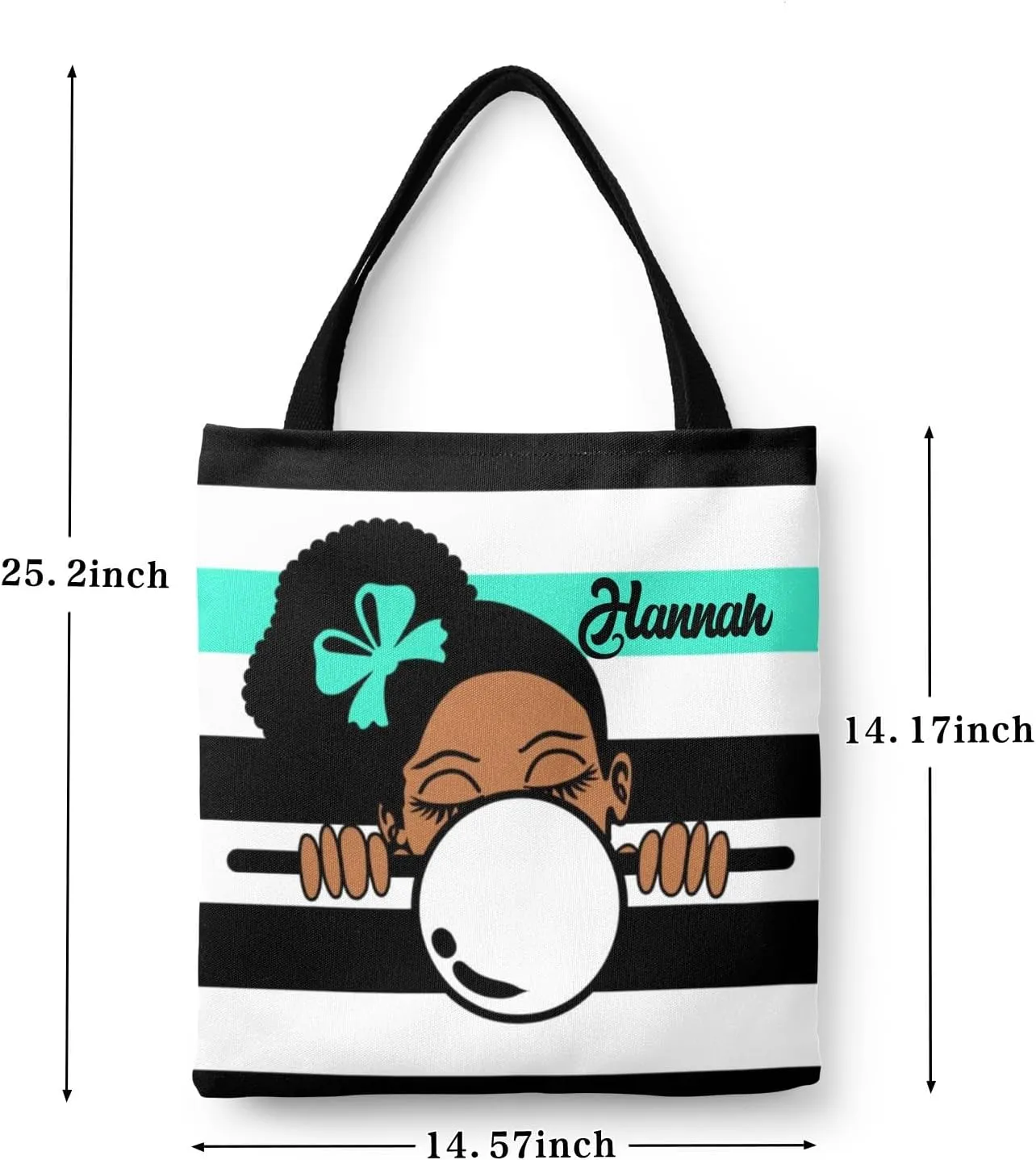Afro Girl Striped Teal Canvas Tote Bag Aesthetic Reusable Grocery Shopping Bags Shoulder Bag Book Tote Gifts