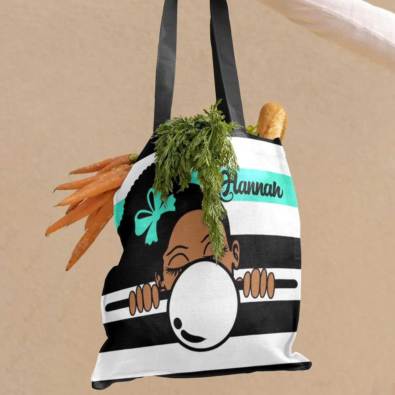 Afro Girl Striped Teal Canvas Tote Bag Aesthetic Reusable Grocery Shopping Bags Shoulder Bag Book Tote Gifts