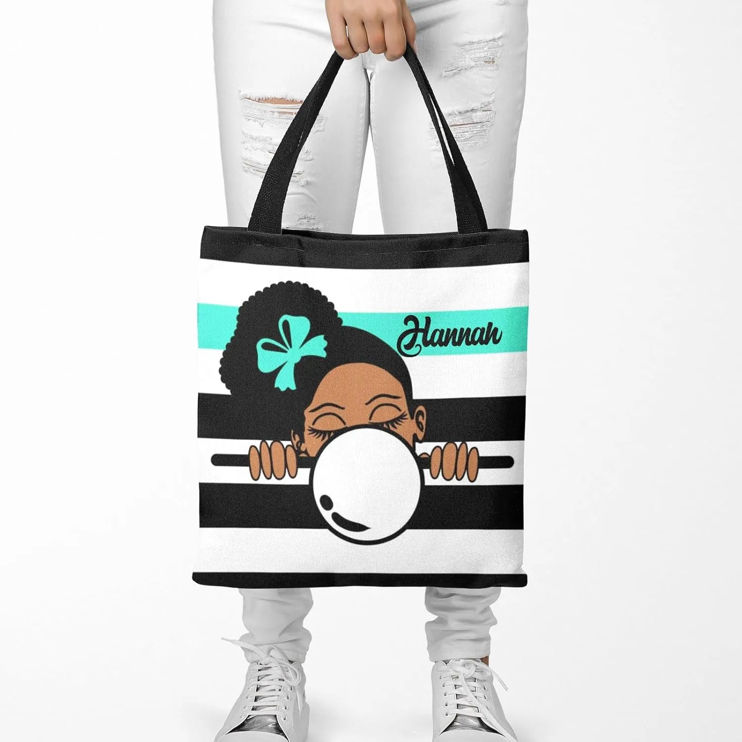 Afro Girl Striped Teal Canvas Tote Bag Aesthetic Reusable Grocery Shopping Bags Shoulder Bag Book Tote Gifts