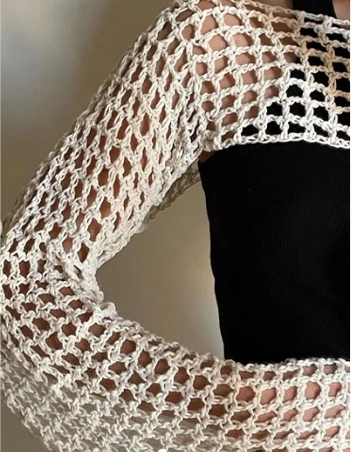 Aimiray Women's Sexy Mesh Crochet Crop Top Hollow Out Beach Cover Ups See Through Long Sleeve Y2k Knit Sweater Tees