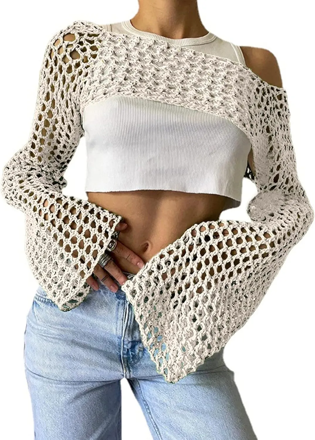 Aimiray Women's Sexy Mesh Crochet Crop Top Hollow Out Beach Cover Ups See Through Long Sleeve Y2k Knit Sweater Tees