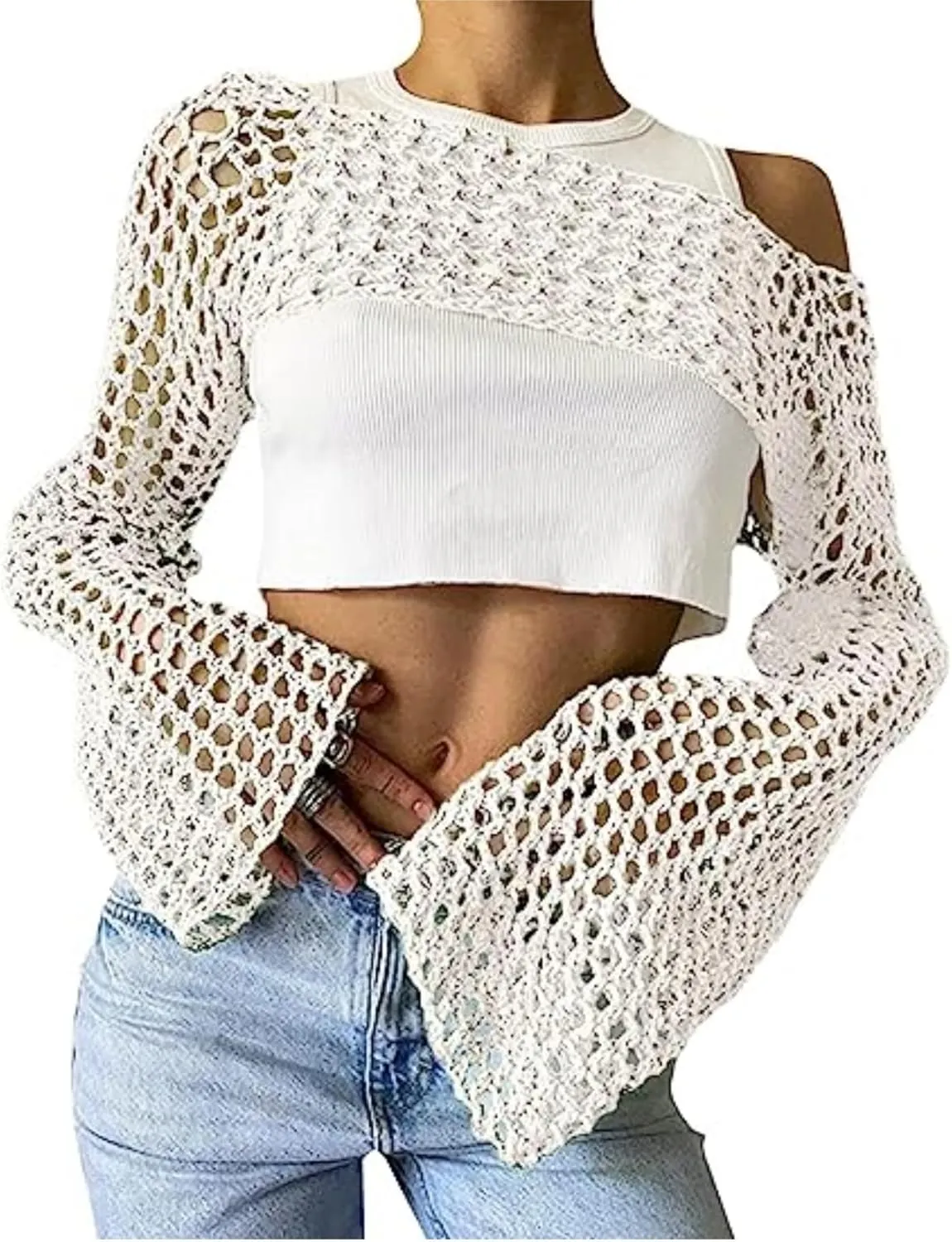Aimiray Women's Sexy Mesh Crochet Crop Top Hollow Out Beach Cover Ups See Through Long Sleeve Y2k Knit Sweater Tees