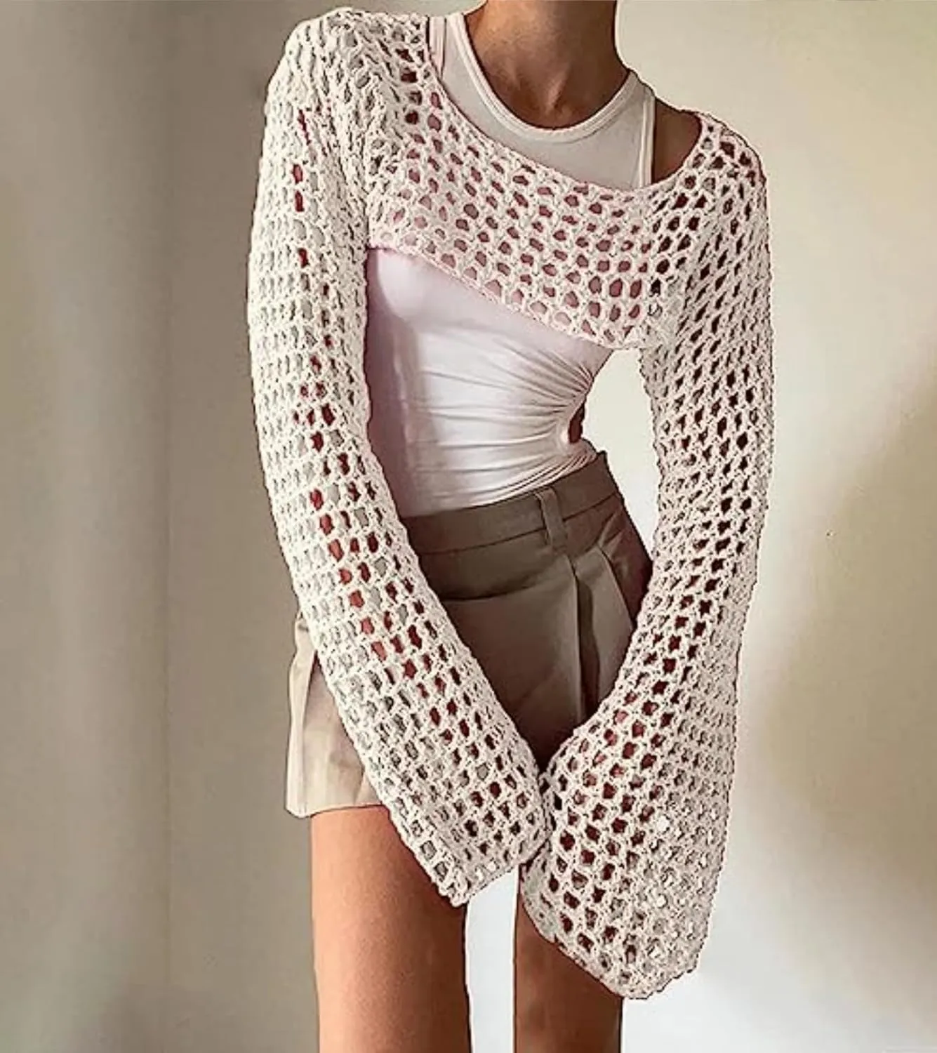 Aimiray Women's Sexy Mesh Crochet Crop Top Hollow Out Beach Cover Ups See Through Long Sleeve Y2k Knit Sweater Tees