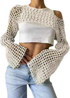 Aimiray Women's Sexy Mesh Crochet Crop Top Hollow Out Beach Cover Ups See Through Long Sleeve Y2k Knit Sweater Tees