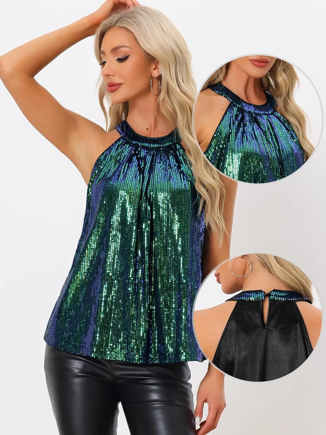Allegra K Party Club Cocktail Sleeveless Tops for Women's Sparkle Vest Tank Camisole Sequin Halter Tops