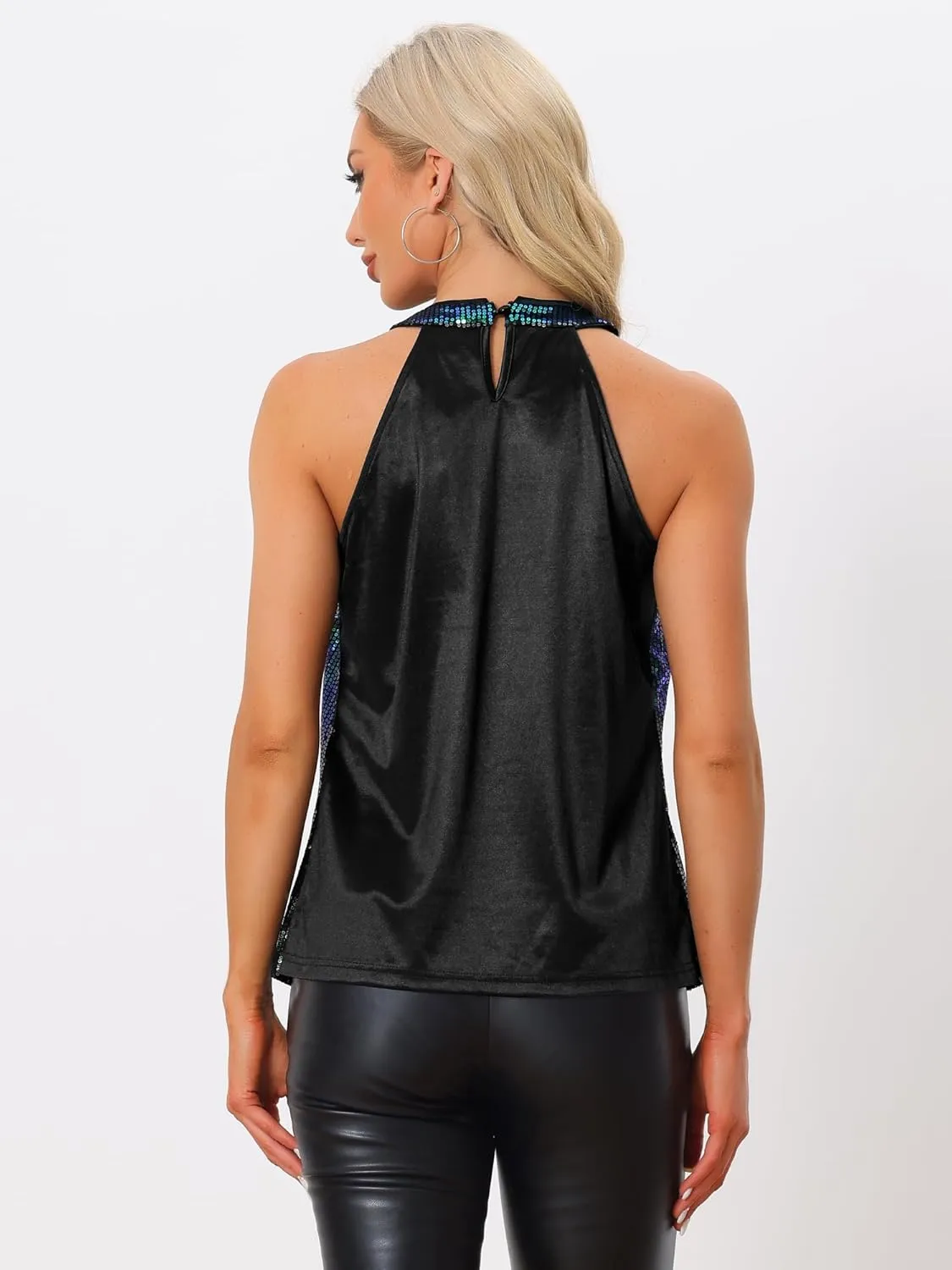 Allegra K Party Club Cocktail Sleeveless Tops for Women's Sparkle Vest Tank Camisole Sequin Halter Tops